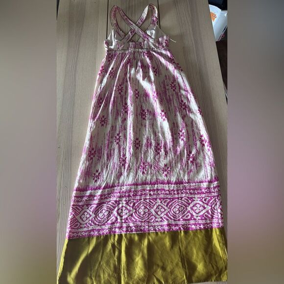 Ann Taylor LOFT 100% Silk tribal maxi cris cross halter Pink, White, & moss Sz 0 - Picture 7 of 9